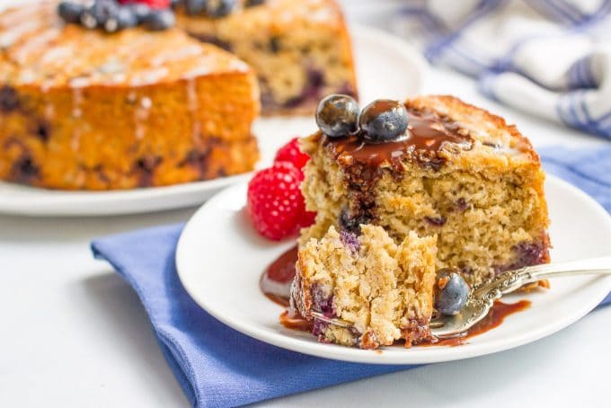 Blueberry cake with chocolate sauce - a decadent topping to a healthy dessert!