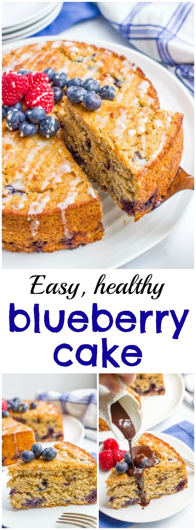 Blueberry cake with an easy lemon glaze - a healthy whole grain dessert recipe with no butter or oil!