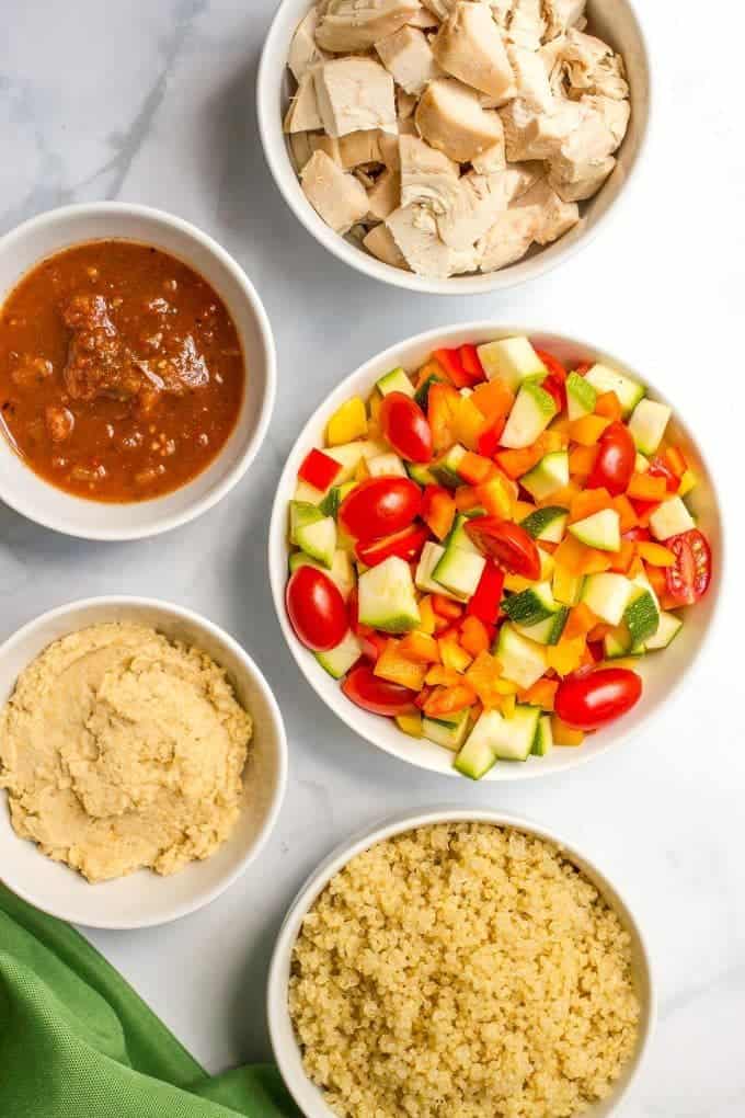 Chicken quinoa salad with veggies and salsa hummus - a quick and easy summer salad recipe!