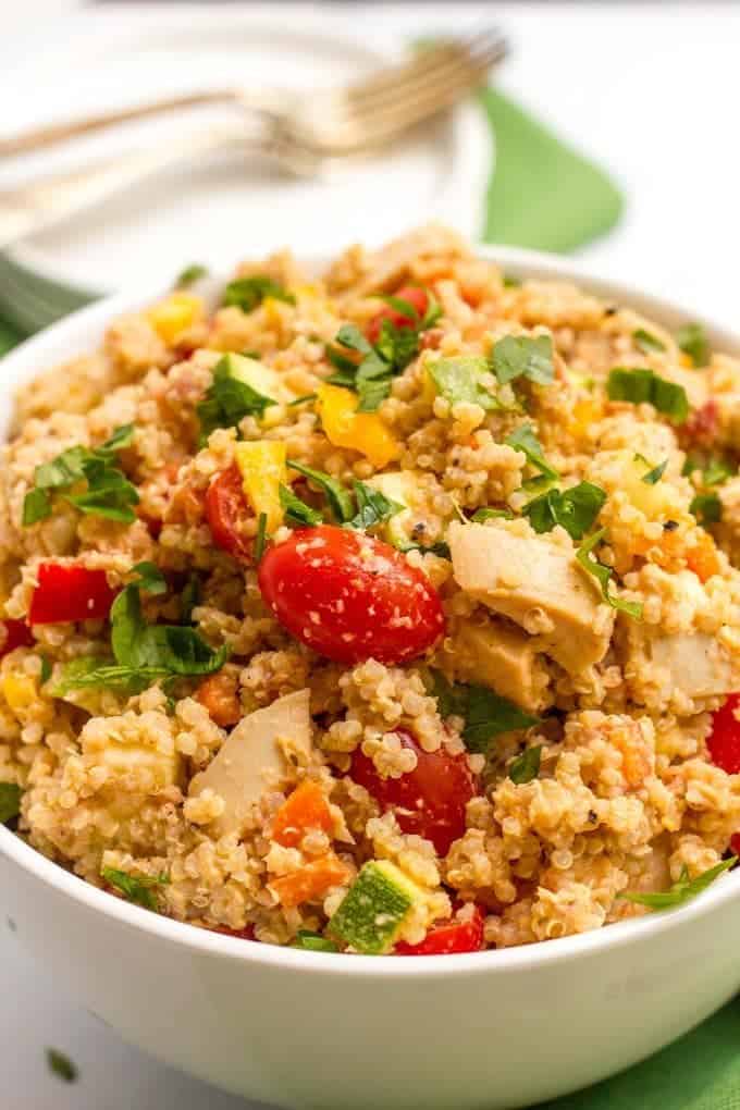 Chicken quinoa salad with veggies and salsa hummus - quick and easy and a perfect light and healthy summer recipe!