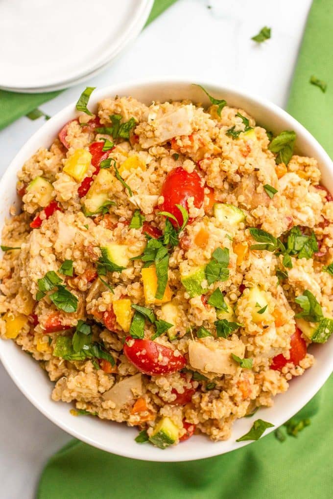Chicken quinoa salad with veggies and salsa hummus - quick and easy and a perfect light and healthy summer recipe!