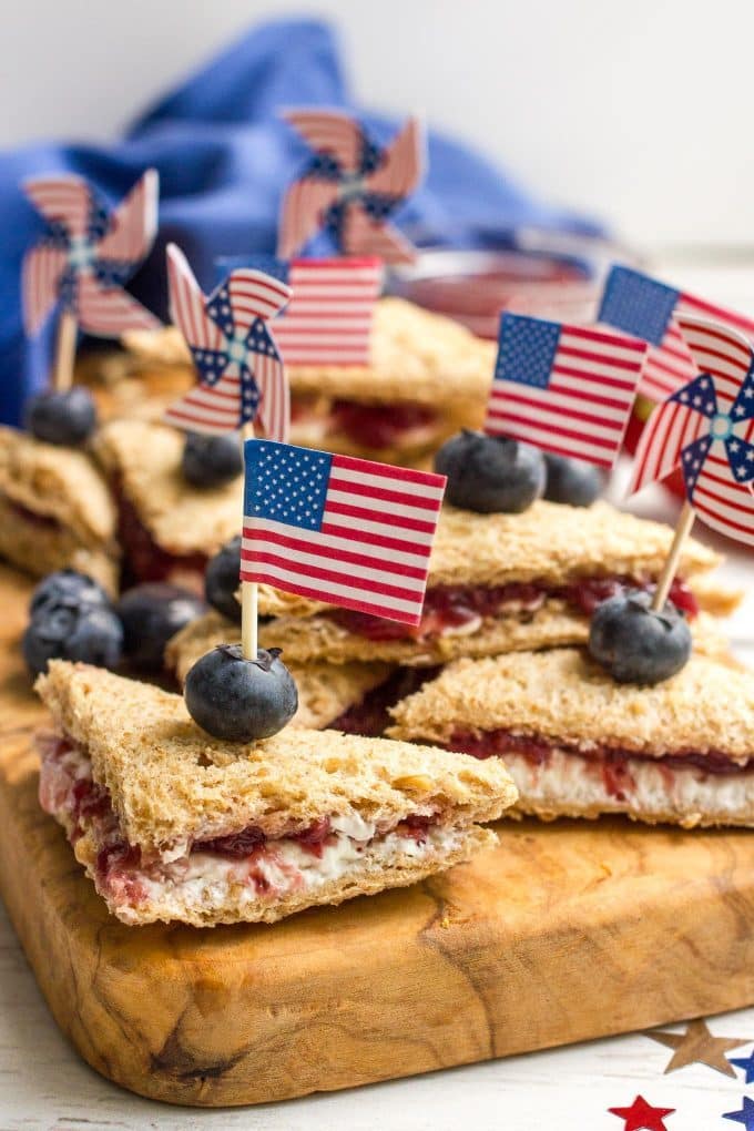 Cream cheese and fruit sandwiches for an easy red, white and blue July 4th appetizer!
