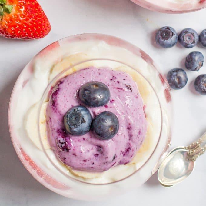 Healthy yogurt parfaits with all-natural strawberry, honey-banana and blueberry layers