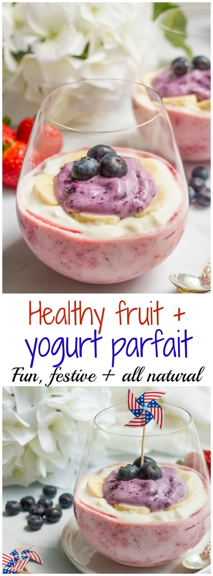 A collage of photos of a red, white and blue yogurt parfait in a glass with fresh fruit layered in and a flag toothpick on top.