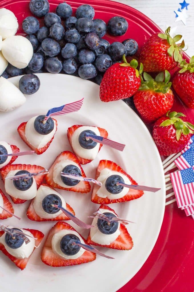 Mozzarella fruit skewers make an easy, but fun Fourth of July snack or appetizer!