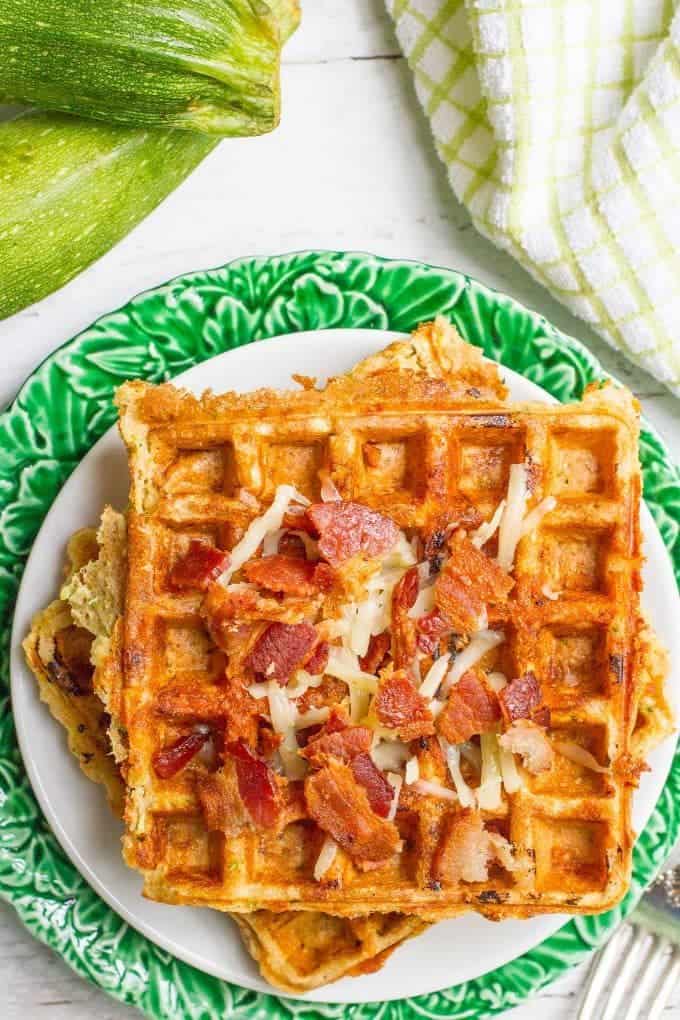 Savory waffles with zucchini and cheddar cheese make a delicious, healthy brunch or breakfast-for-dinner meal! | FamilyFoodontheTable.com