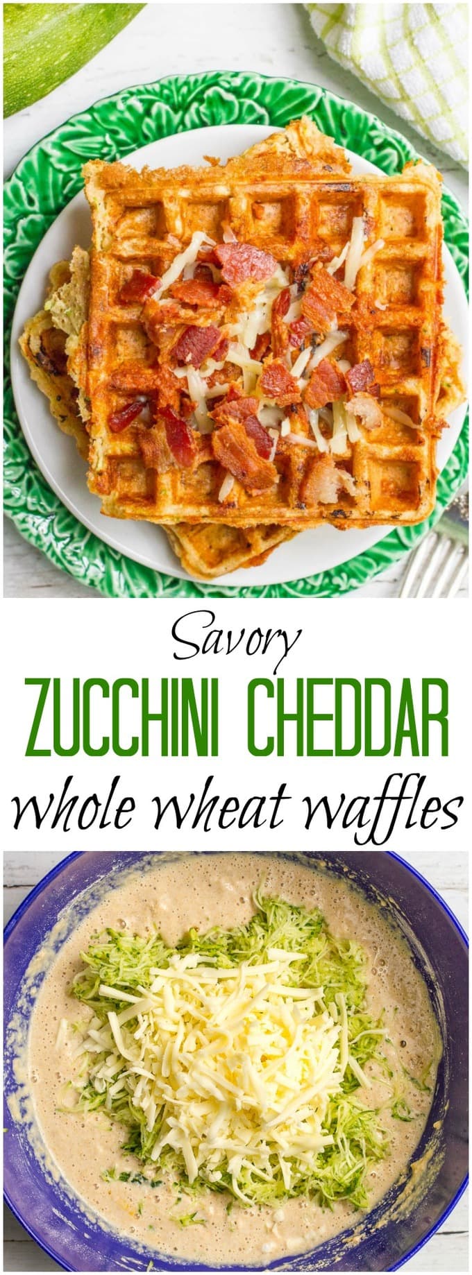 A collage of photos on how to make zucchini cheddar waffles.