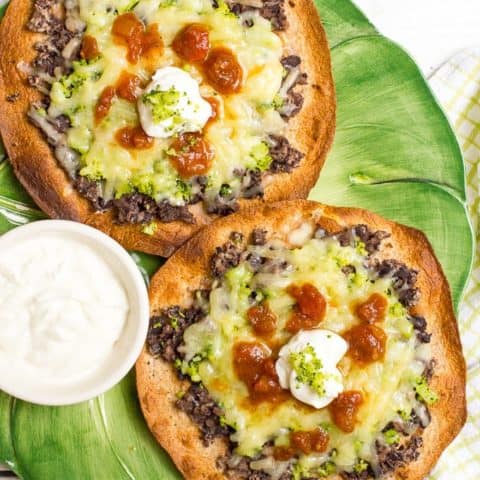 Cheesy broccoli and black bean melts are a quick, easy and healthy vegetarian tostada recipe for busy nights - kids love these!