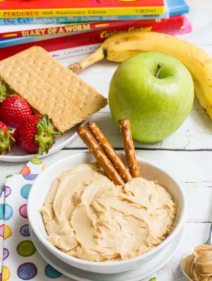 Creamy peanut butter yogurt dip - 5 ingredients and 5 minutes for this healthy kids snack. Serve with fresh fruit, graham crackers or pretzels
