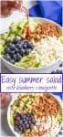 A collage of images for a summer salad with blueberries, cucumbers, pecans and feta.