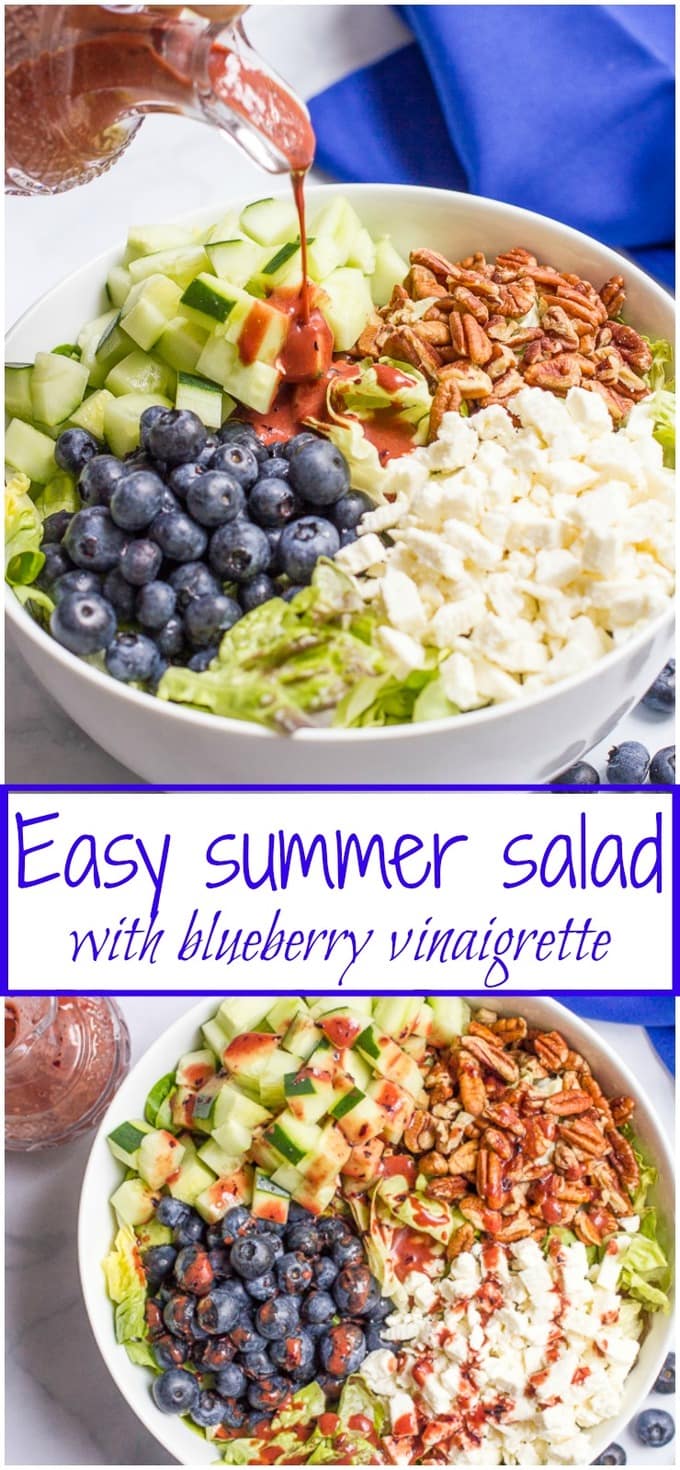 A collage of images for a summer salad with blueberries, cucumbers, pecans and feta.