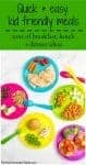 Five colorful plastic kids plates each with a different assortment of an easy, quick meal, including quesadilla, English muffin pizzas, pasta and beans and plastic utensils scattered about.