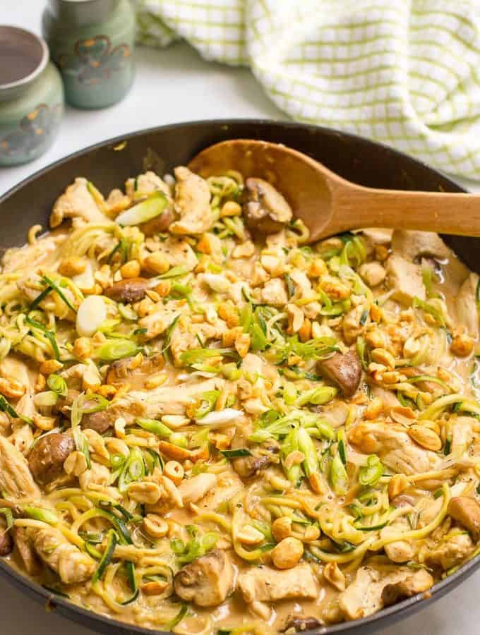 Easy chicken satay with zucchini noodles, mushrooms and an addictive peanut sauce - in a one-pot 30-minute healthy dinner!