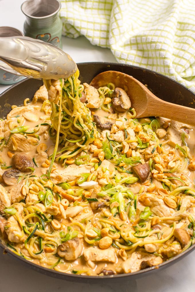 Easy chicken satay with zucchini noodles, mushrooms and an addictive peanut sauce - in a one-pot 30-minute healthy dinner!