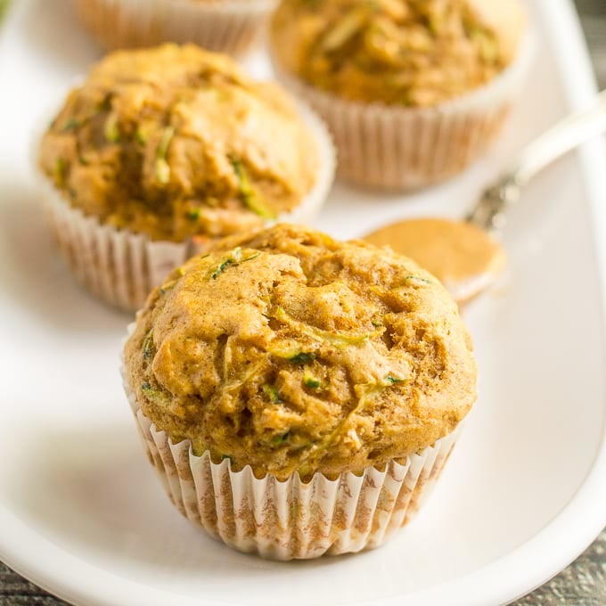 Whole wheat zucchini muffins with almond butter -- a delicious and healthy breakfast or school lunch option!