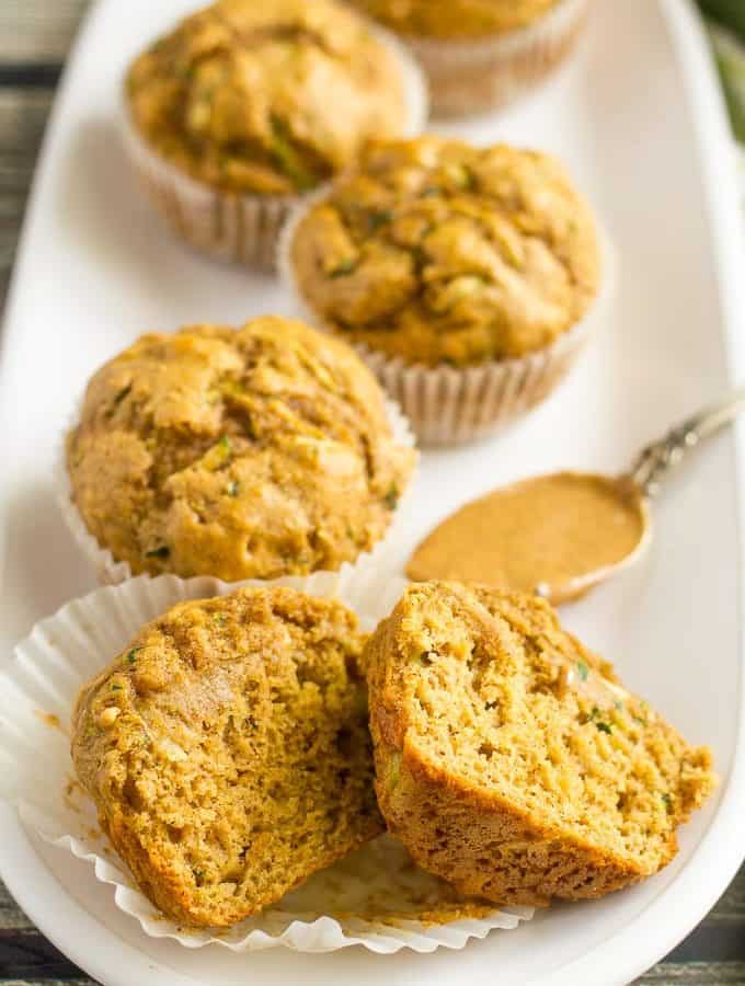 Whole wheat zucchini muffins with almond butter -- a delicious and healthy breakfast or school lunch option!
