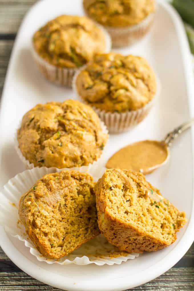 Whole wheat zucchini muffins with almond butter -- a delicious and healthy breakfast or school lunch option!