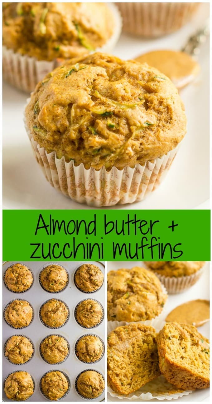 Whole wheat zucchini muffins with almond butter -- a delicious, healthy and protein-packed breakfast or school lunch option!