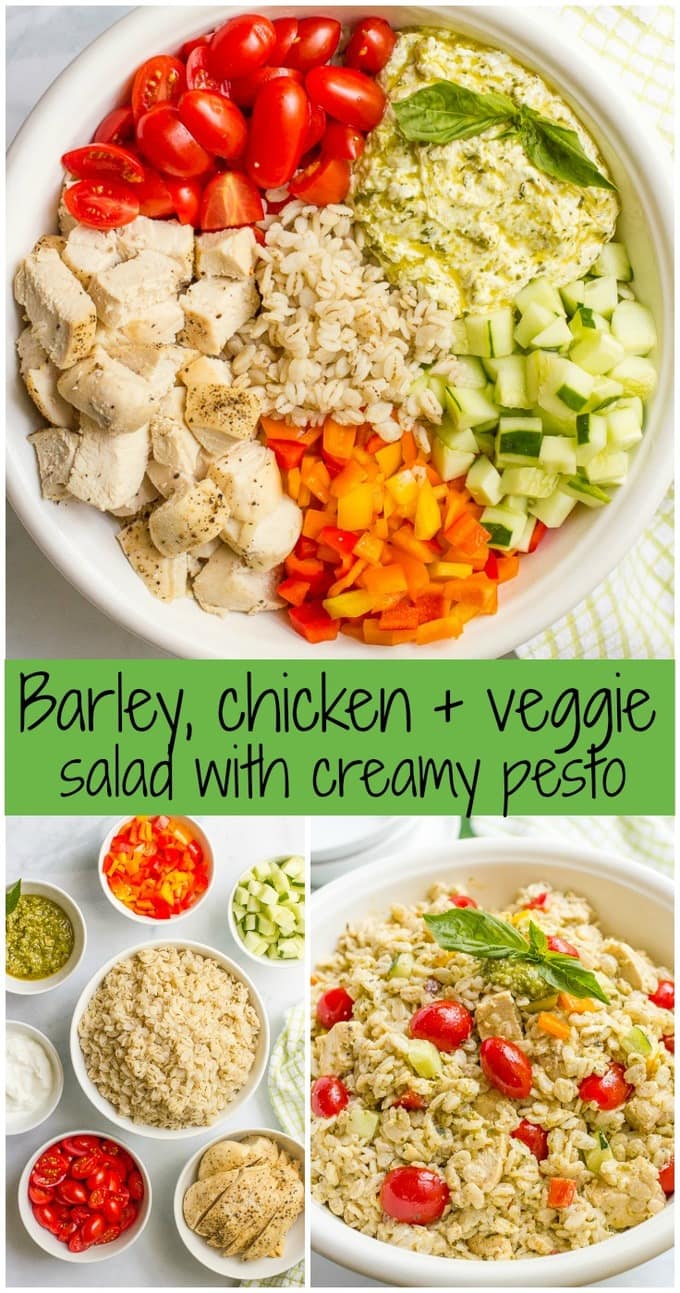 Chicken and barley salad with a creamy pesto-yogurt mixture — a great recipe for a fresh and healthy lunch or dinner! | familyfoodonthetable.com