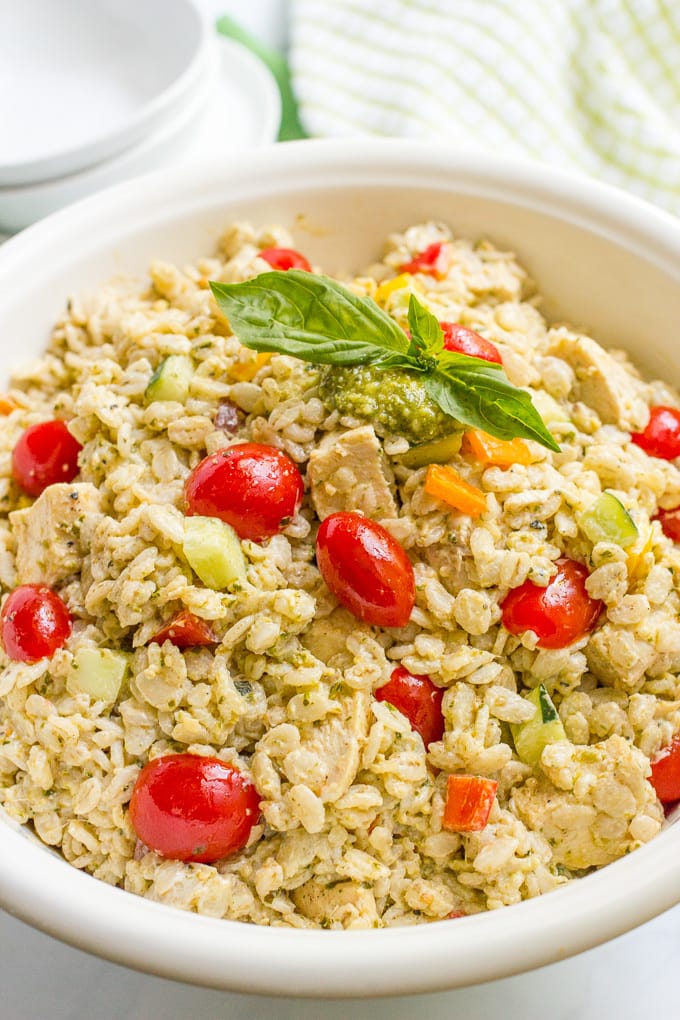 Chicken and barley salad with a creamy pesto-yogurt mixture — a great recipe for a fresh and healthy lunch or dinner! | familyfoodonthetable.com