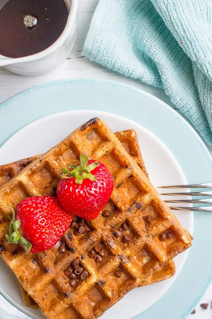 Chocolate chip oatmeal waffles - a delicious and sweet whole grain breakfast recipe!