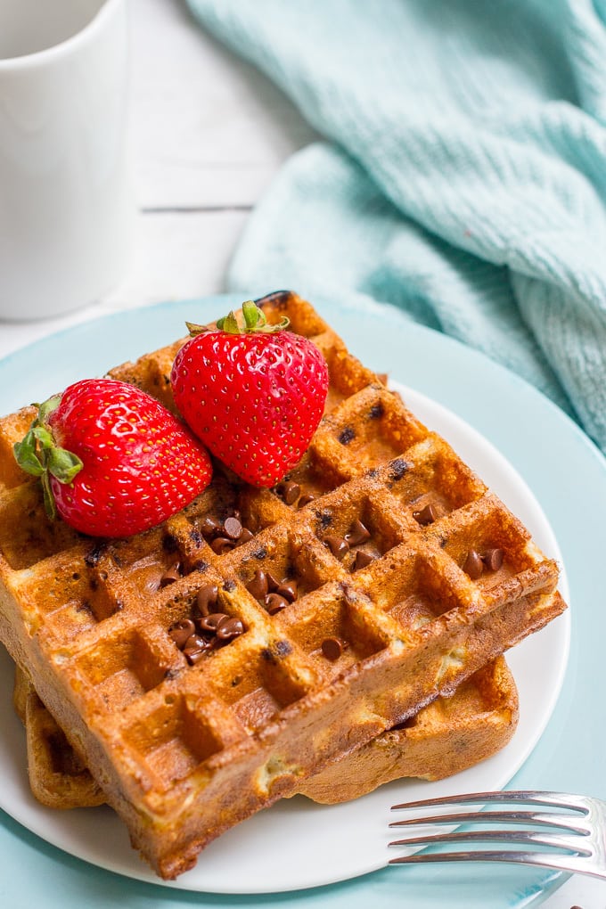 Chocolate chip oatmeal waffles - a delicious and sweet whole grain breakfast recipe!