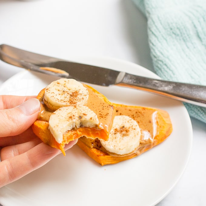Sweet potato toast -- a quick and healthy breakfast that's gluten-free, vegan, paleo and whole30!