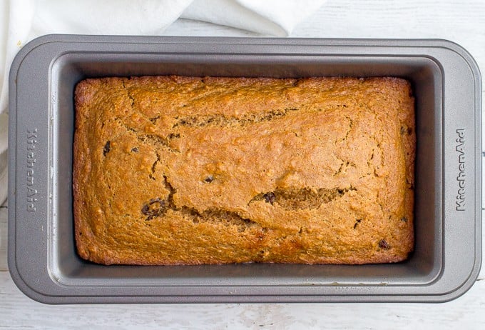 Baked bread in a loaf pan