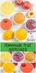A collage of white bowls filled with five different fruit applesauce flavors with fresh fruit scattered around them.