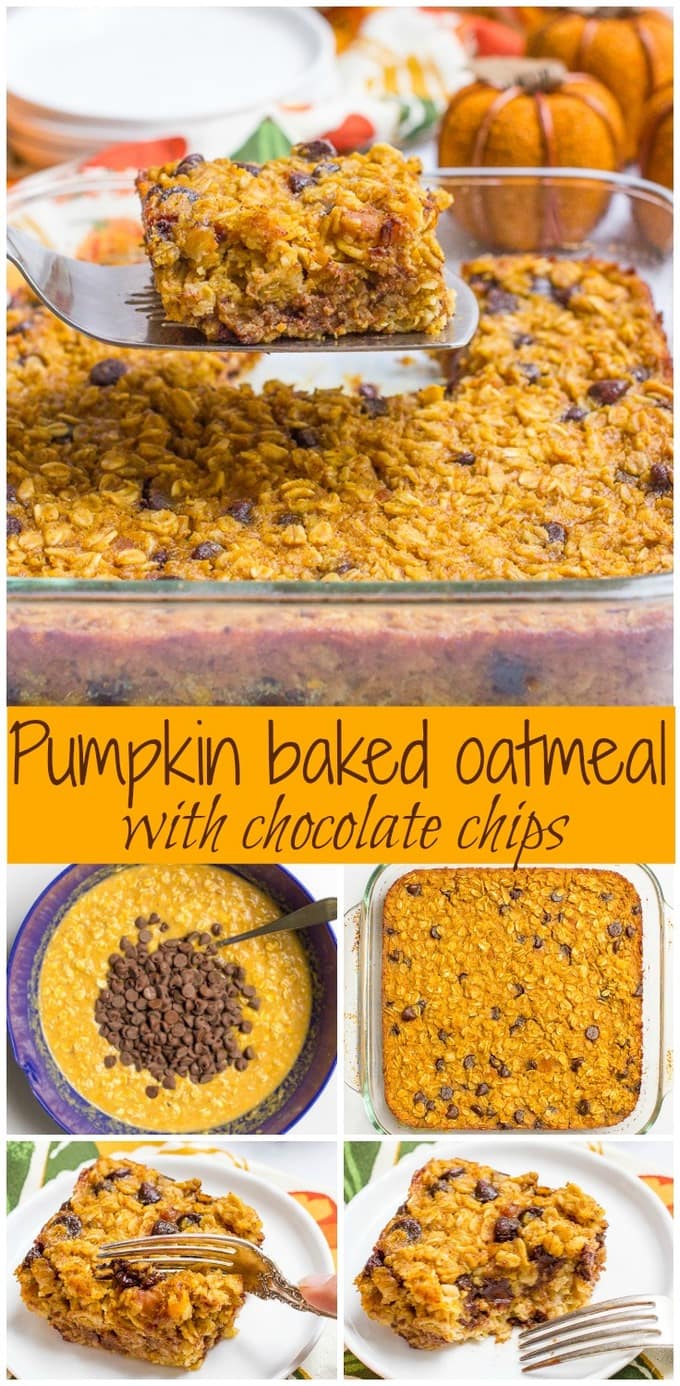 Pumpkin baked oatmeal with chocolate chips - a favorite fall breakfast that's gluten free and can be made ahead!