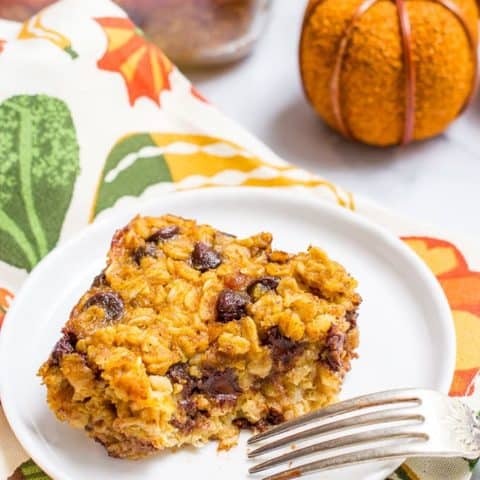 Pumpkin baked oatmeal with chocolate chips - a favorite fall breakfast that's gluten free and can be made ahead!