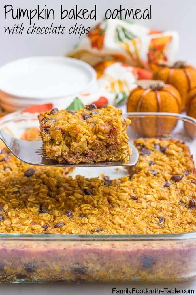 Pumpkin baked oatmeal with chocolate chips - a favorite fall breakfast that's gluten free and can be made ahead!