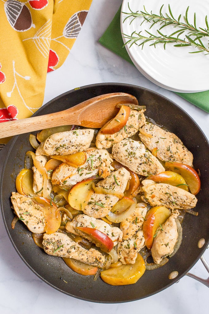 One-skillet sautéed chicken and apples with rosemary is an easy weeknight dinner recipe that's perfect for fall!