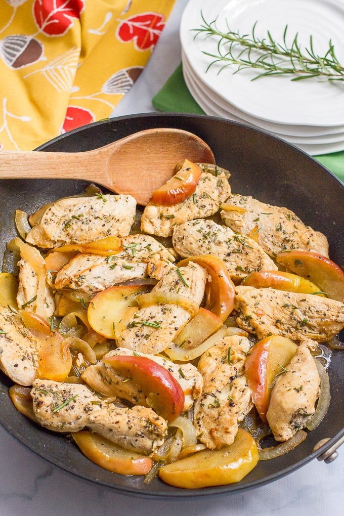 One-skillet sautéed chicken and apples with rosemary is an easy weeknight dinner recipe that's perfect for fall!