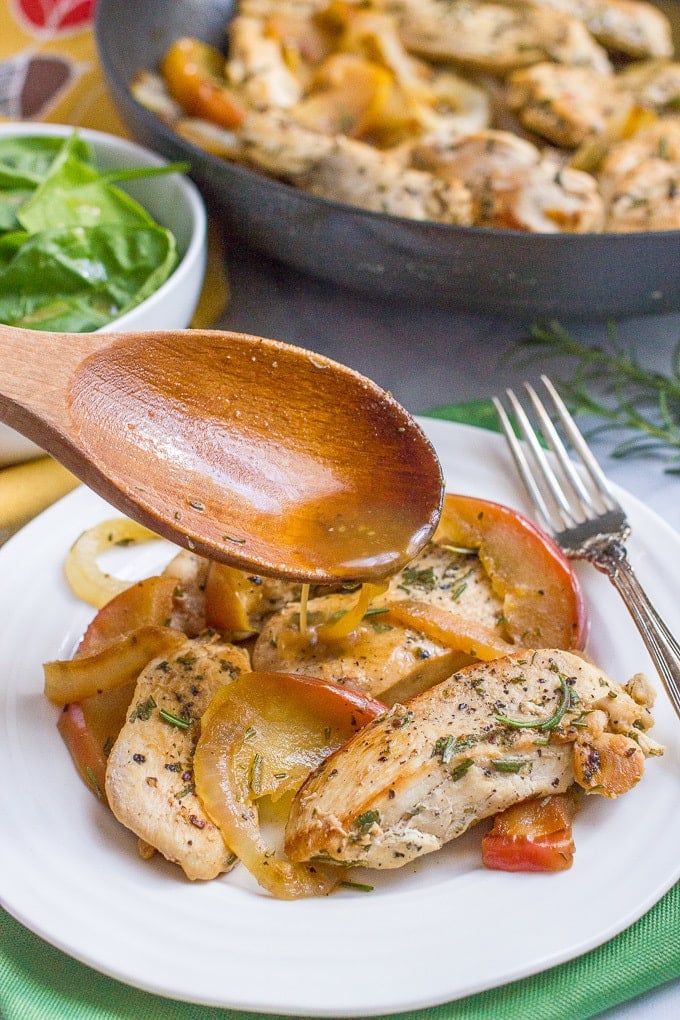 One-skillet sautéed chicken and apples with rosemary is an easy weeknight dinner recipe that's perfect for fall!