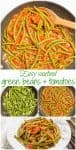 A collage of photos for making a cooked green bean and tomato side dish.