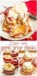 A collage of photos on making a deconstructed apple crisp with sliced roasted apples and streusel, served with ice cream.