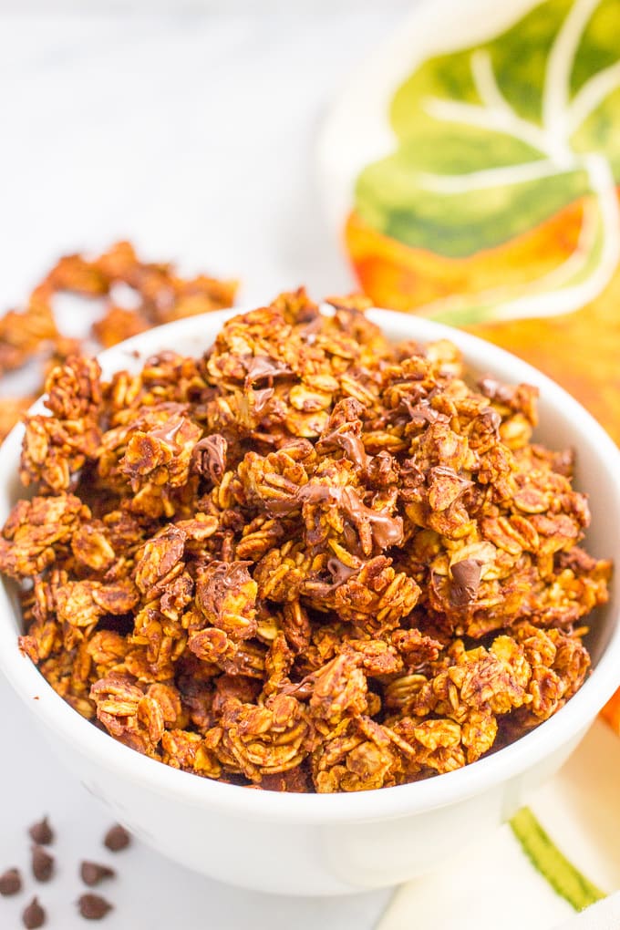 Chocolate pumpkin granola is an easy recipe you can make ahead and have on hand for a healthy breakfast or snacking. It’s naturally gluten-free and vegan. #chocolate #pumpkin #granola #breakfast #snack