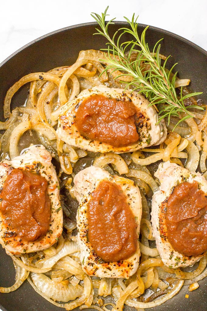 Pork chops with apple butter is an easy, flavorful weeknight dinner that requires just 5 ingredients and is ready in 30 minutes!