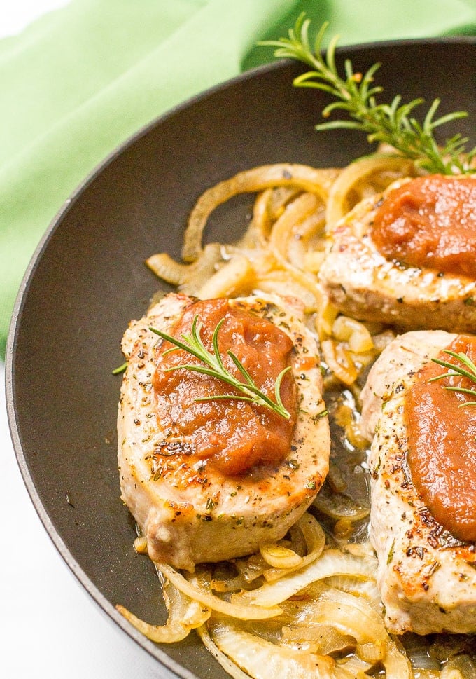 Pork chops with apple butter is an easy, flavorful weeknight dinner that requires just 5 ingredients and is ready in 30 minutes!