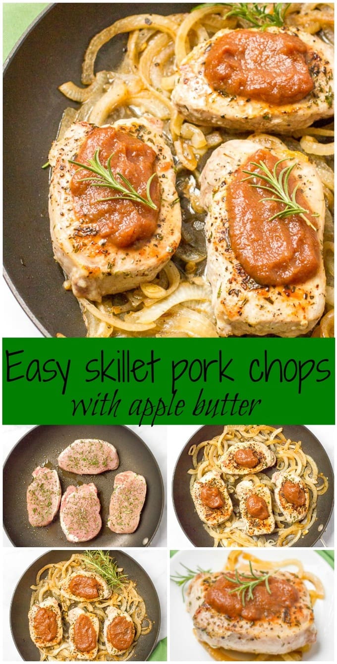 A collage of photos for making pork chops with apple butter with a text block in the middle.