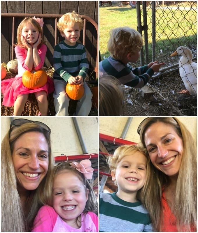 Photo collage of a family pumpkin patch trip