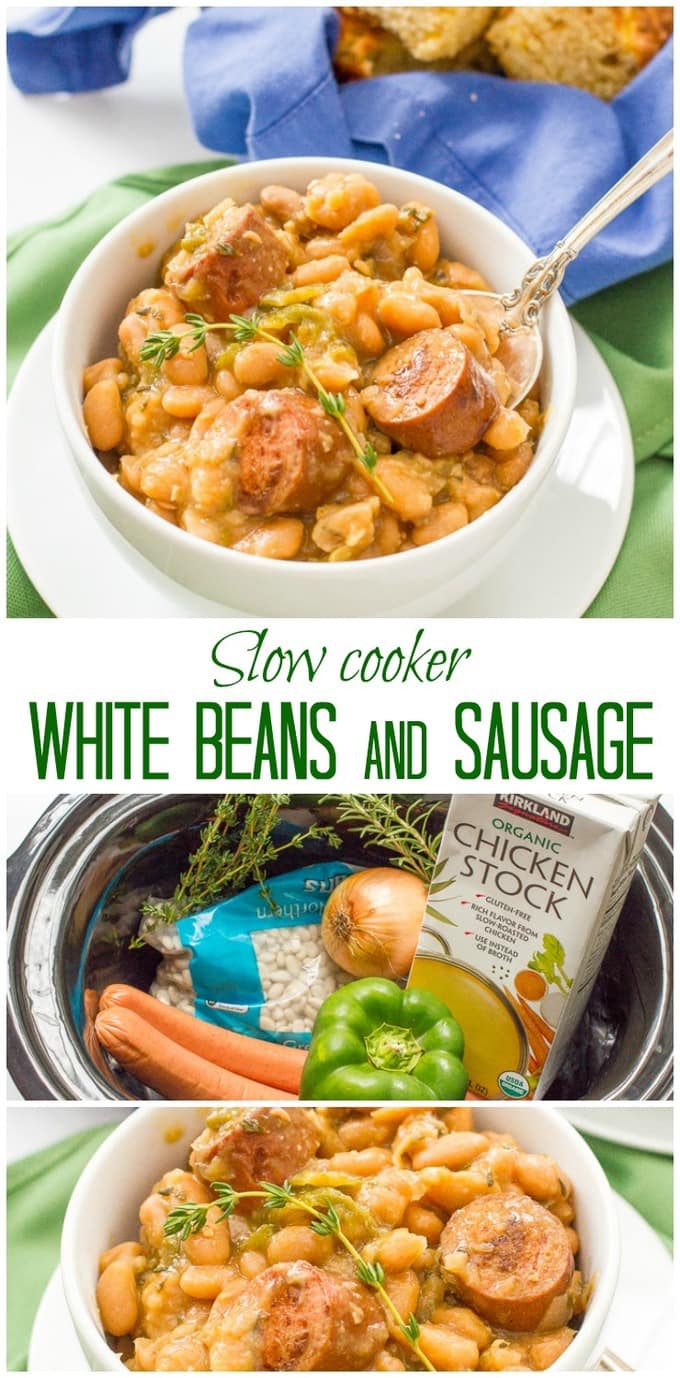 Slow cooker white beans and sausage is a delicious and easy dinner recipe with creamy beans, smoked turkey sausage and fresh herbs.