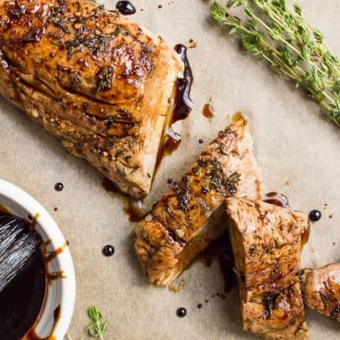 Easy balsamic pork tenderloin with thyme -- just 3 ingredients for this wonderfully rich, delicious dinner!