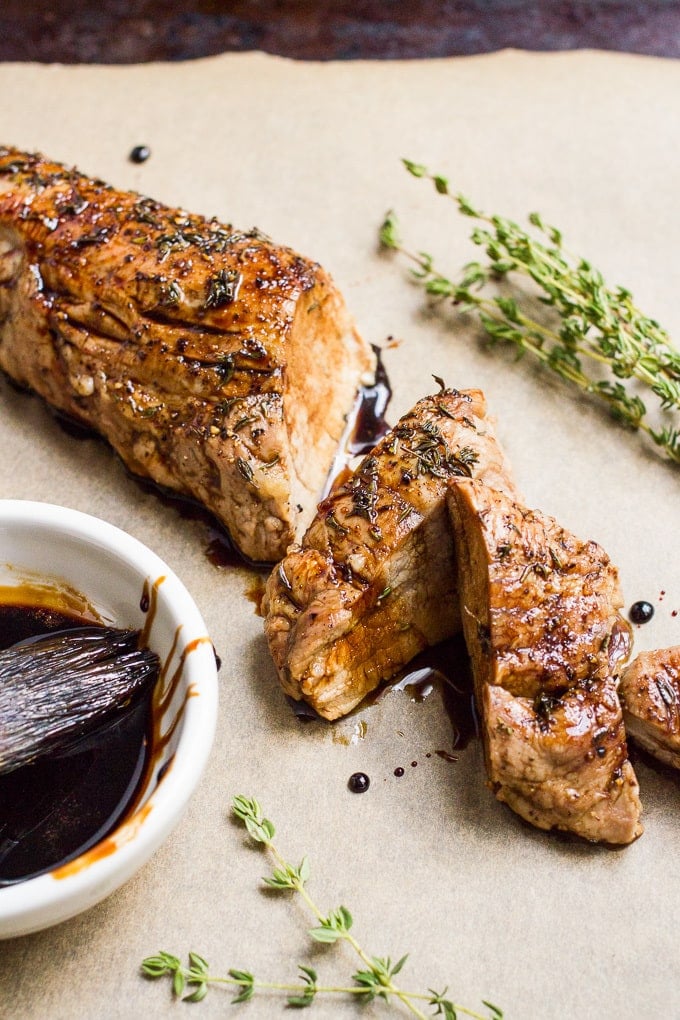 Easy balsamic pork tenderloin with thyme -- just 3 ingredients for this wonderfully rich, delicious dinner!