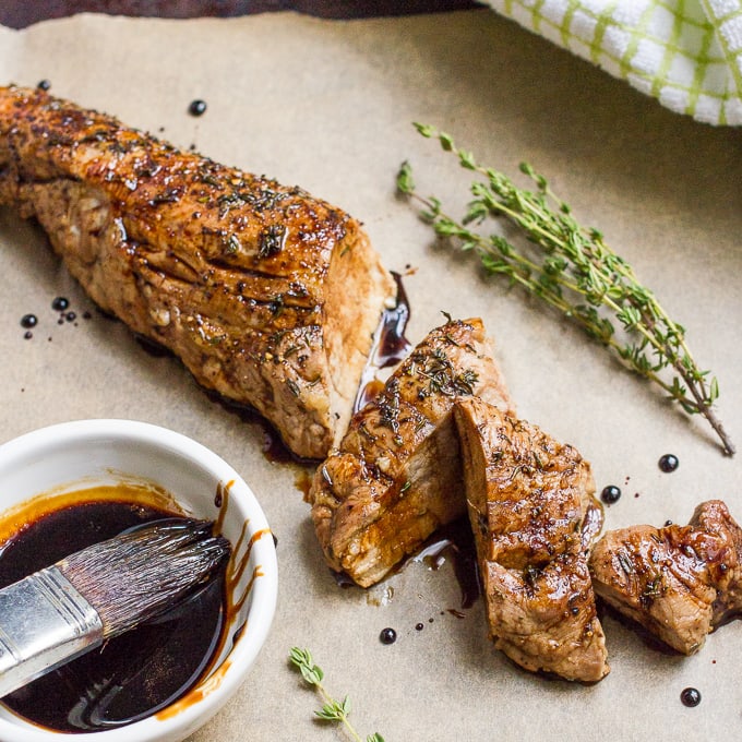 Easy balsamic pork tenderloin with thyme -- just 3 ingredients for this wonderfully rich, delicious dinner!