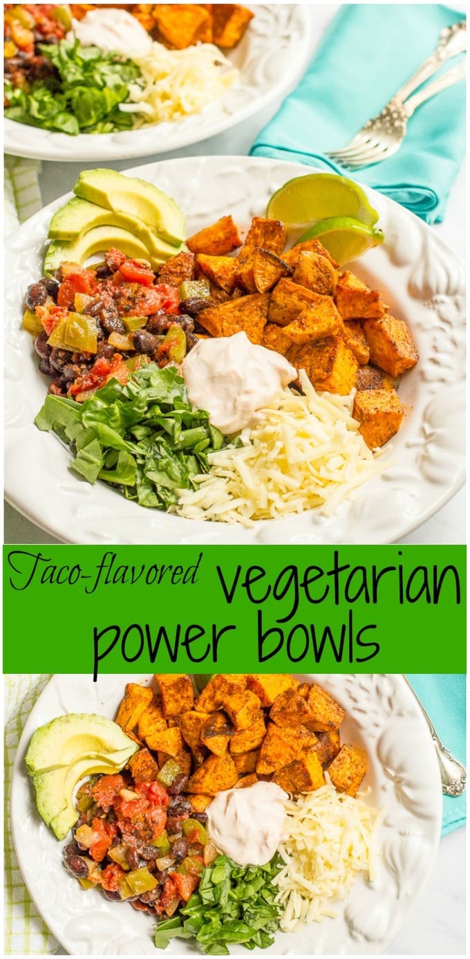 Taco-flavored vegetarian power bowls with sweet potatoes, black beans and a spiced yogurt sauce - an easy, healthy vegetarian dinner!