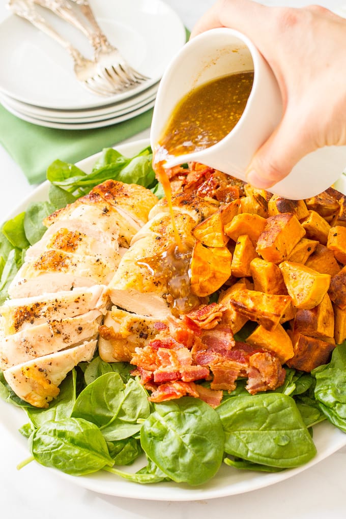 Warm chicken, spinach and sweet potato salad with bacon vinaigrette -- a healthy, hearty main dish salad with big bacon flavor! | www.familyfoodonthetable.com