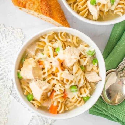Easy turkey noodle soup requires just 5 ingredients and 15 minutes! A warm, cheesy, comforting dinner and a great use for leftover Thanksgiving turkey.