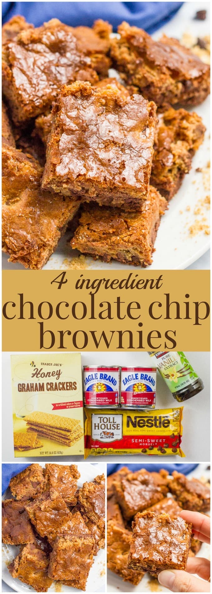 Chocolate chip brownies have just 4 ingredients (no box mixes) and come out chewy and perfectly sweet - a great, easy dessert! | www.familyfoodonthetable.com